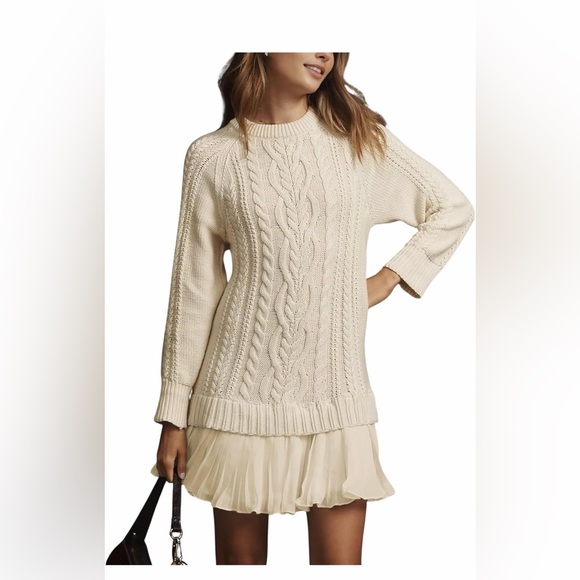 None Dresses & Skirts - 🆕Twofer Style Cable Knit Crewneck Long Sleeve Pleated Mini Dress